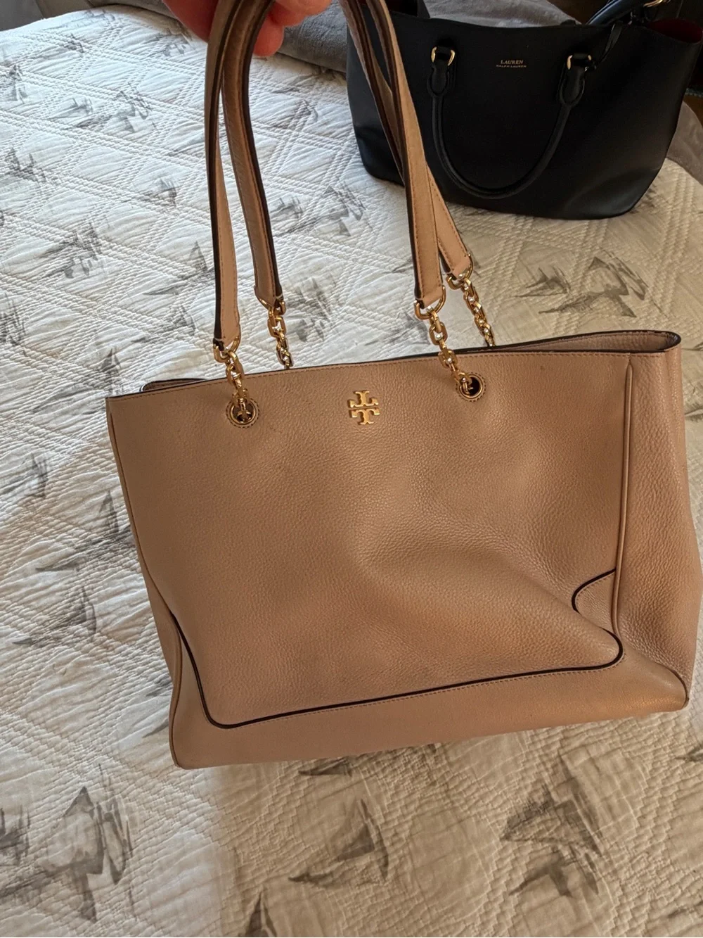 Tory Burch Blush Taupe Pebbled Leather Tote with Gold Logo